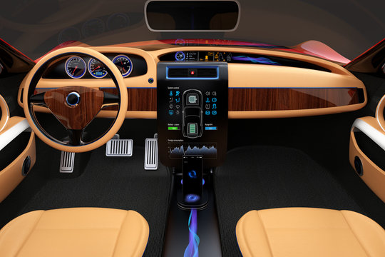 Stylish electric car interior with luxury wood pattern decoration. 