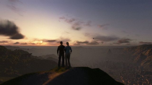 Couple on top of the mountain, timelapse sunrise, camera fly