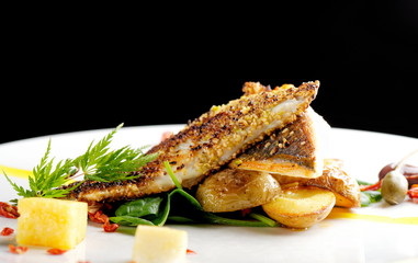 Fine dining, Seabream fish fillet breaded in herbs and spice with potato and vegetable