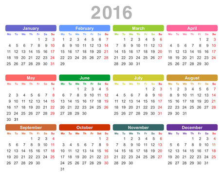 2016 year annual calendar (Monday first, English)
