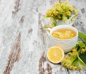 cup of herbal tea with linden flowers