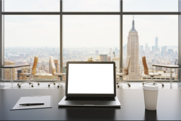 workplace in a modern panoramic office in New York. Black tables and brown chairs. A laptop with a white display, notepad and a coffee cup are on the table. 3D rendering. Toned image.