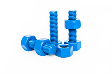 bolts and nuts with blue coated on white background