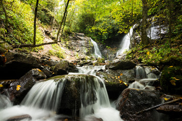 An impressive Soco waterfall in western North Carolina near the town of Cherokee in the Blue Ridge Mountains - 92783251