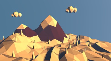 Low poly mountain winter landscape. Snow on top of hills and
