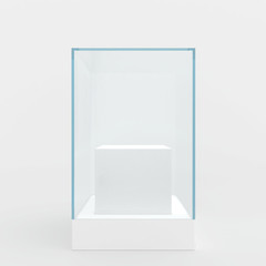 Glass showcase in center of podium.