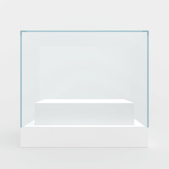 Glass showcase in center of podium.