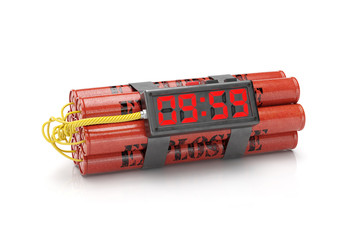 Explosives with alarm clock detonator isolated on white backgrou