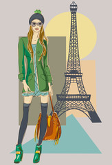 Autumn in Paris. Fashion girl near Eiffel Tower