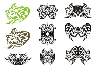 Tribal symbols of small dragon. Twirled unusual sitting reptile and symbols from it 