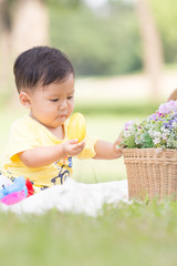 Smiling asian boy toddler sit on white  Cotton in the green gras