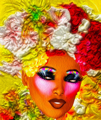 Flower Girl. Beautiful young girl wearing flower hat. Creative makeup with long eyelashes and bright colorful eyeshadow