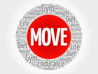 MOVE circle stamp word cloud, fitness, sport, health concept