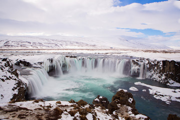 Fototapeta premium Waterfall Godafoss in wintertime, Iceland