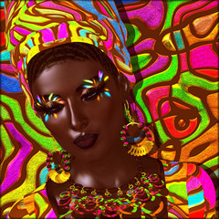 Fototapeta na wymiar Dreaming of Africa. Colorful eye shadow, matching background, head dress and accessories all come together to express this beautiful African woman's style.