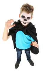 Little boy in halloween costume on white background