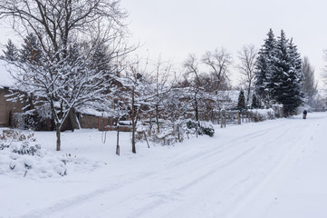 Snowy street of small village at winter season, central Ukraine