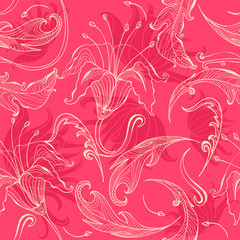 Abstract seamless floral pattern with stylized lilies