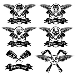 biker theme labels with pistons and skulls with wings
