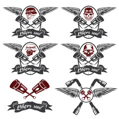 biker theme labels with pistons and skulls with wings