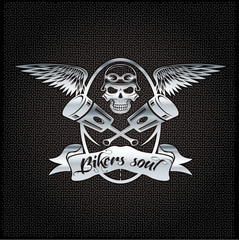 bikers soul silver crest with skull,wings and pistons