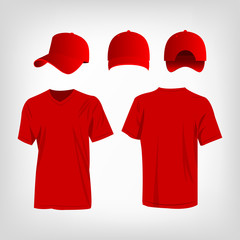 Sportswear red t-shirt and red baseball cap vector set