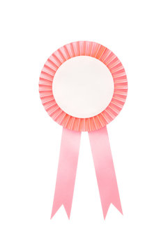 Pink fabric award ribbon isolated on white background