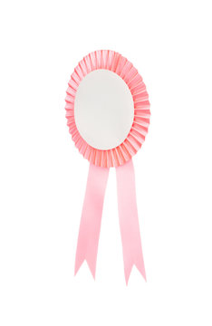 Pink fabric award ribbon isolated on white background