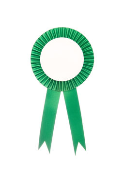 Green fabric award ribbon isolated on white background