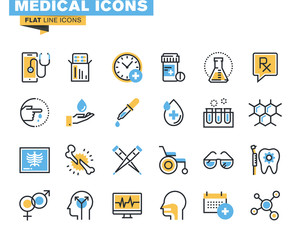 Flat line icons set of medical supplies, healthcare diagnosis and treatment, laboratory tests, medicines and equipment. Vector concept for graphic and web design.