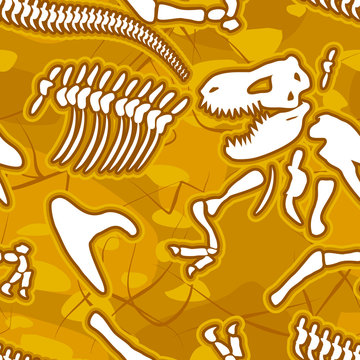 Dinosaur bones seamless background. Pattern of skeleton of ancie