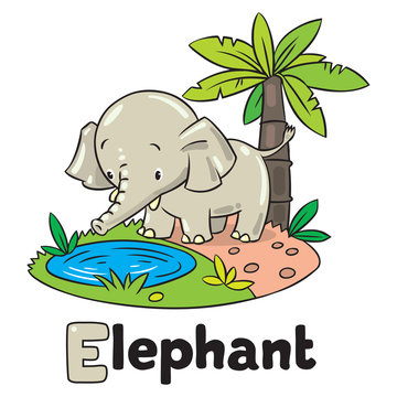 Little funny elephant or jumbo. Alphabet E