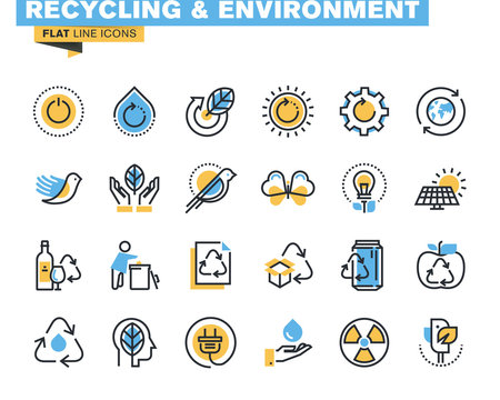 Flat line icons set of recycling theme, waste management , green energy and technology, biodegradable materials, environment. Vector concept for graphic and web design.  