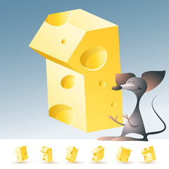 3D vector yellow cheese alphabet with funny mouse. All symbols in set have 6 random points of view. Number 1