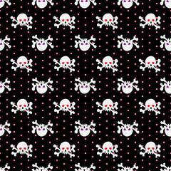 Skulls seamless pattern. Illustration of skulls with shining eye-sockets and crossbones on dark dotted background.