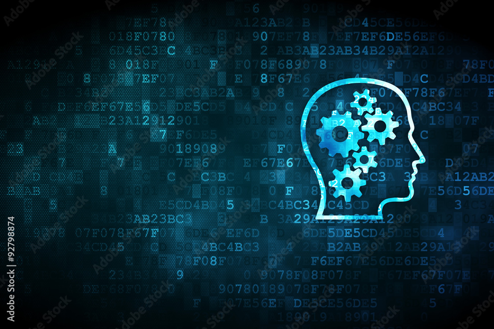 Poster learning concept: head with gears on digital background