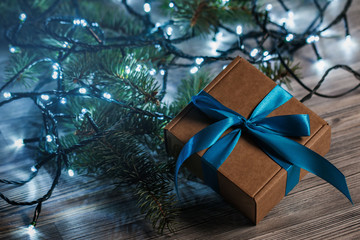 Christmas background with gift box and lights