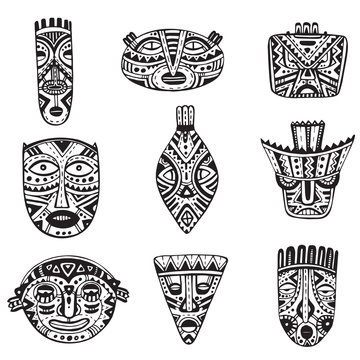 Vector set of hand drawn fancy masks in african style.