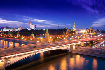 Night aerial panorama to Bolshoy Moskvoretsky Bridge, Vasilevsky Descent, towers of Moscow Kremlin, Saint Basil Cathedral and Moskva river