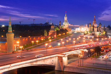 Fototapeta na wymiar Night aerial panorama to Bolshoy Moskvoretsky Bridge, Vasilevsky Descent, towers of Moscow Kremlin, Saint Basil Cathedral and Moskva river