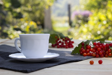 cup of tea with a snowball on a table