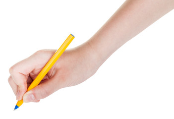 hand writes by blue pen isolated on white