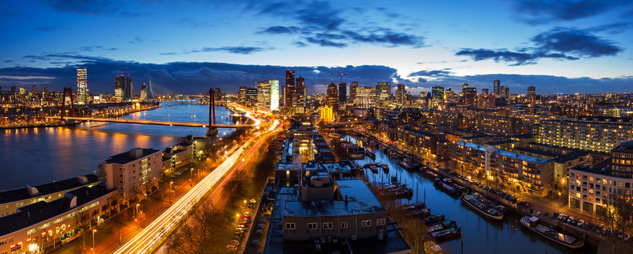 Beautiful aerial view of the skyline of Rotterdam, the Netherlands, at twilight