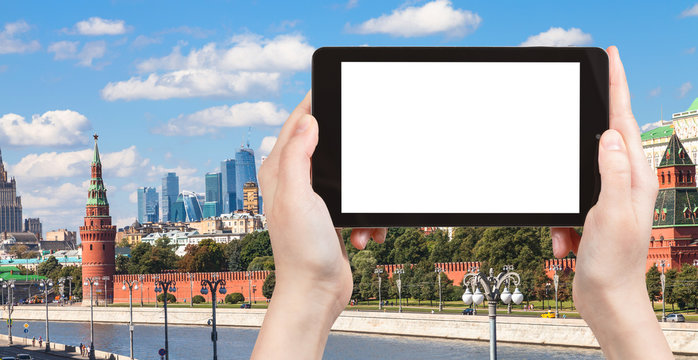 tablet pc with cut out screen and Moscow skyline