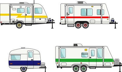 Set of travel trailer caravans on a white background in flat