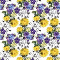 Zelfklevend Fotobehang Seamless pattern with Beautiful flowers, Watercolor painting © kostanproff