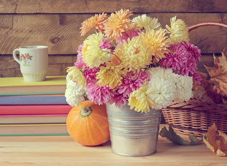 Still life with a bouquet of chrysanthemums.