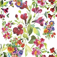 Fototapete Rund Seamless pattern with Beautiful flowers, Watercolor painting © kostanproff