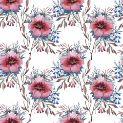 Wandaufkleber Seamless pattern with Beautiful flowers, Watercolor painting © kostanproff