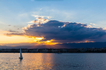 Naklejka na ściany i meble Sunset on lake of Geneva
